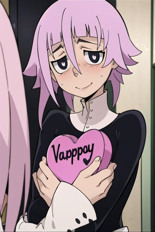 crona_soul_eater,pink hair,black eyes,shy,blushing,nervous,hair_over_eye,valentine's_day,facing_viewer,holding_object,heart-shaped_pupils,smiling