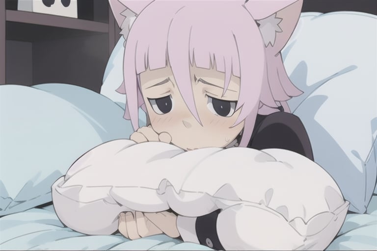 crona_soul_eater,pink hair,black eyes,Pixel art,blushing,cat_ears,cat_tail,full_body,pillow,Pixel world