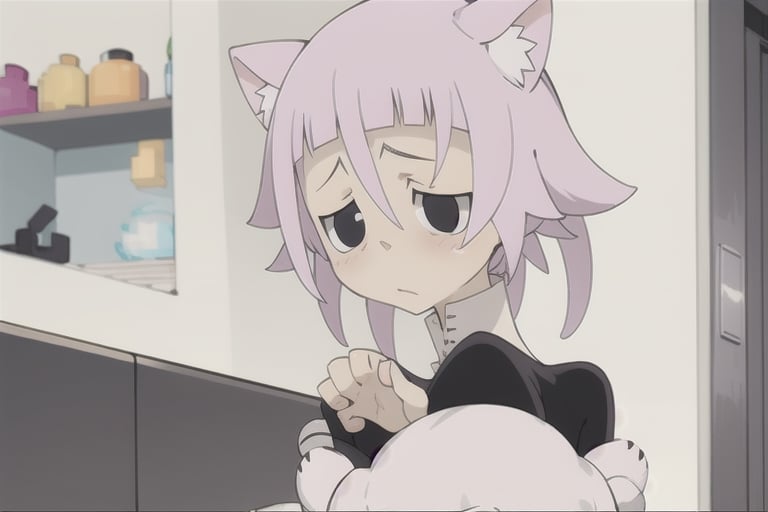 crona_soul_eater,pink hair,black eyes,Pixel art,blushing,cat_ears,cat_tail,full_body,shy,arms_raised