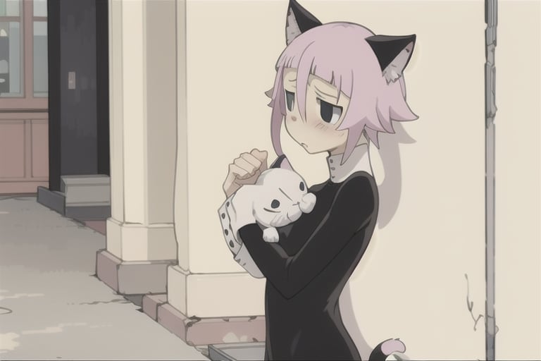 crona_soul_eater,pink hair,black eyes,Pixel art,blushing,cat_ears,cat_tail,full_body,shy,holding_arm