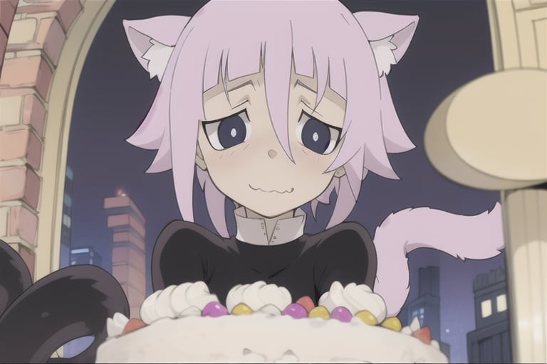 crona_soul_eater,pink hair,black_eyes,shy,happy_face,cake,happy_birthday,blushing,pov_eye_contact,looking_at_viewer,cat_ears,cat_tail,nekomata,nyan,:3