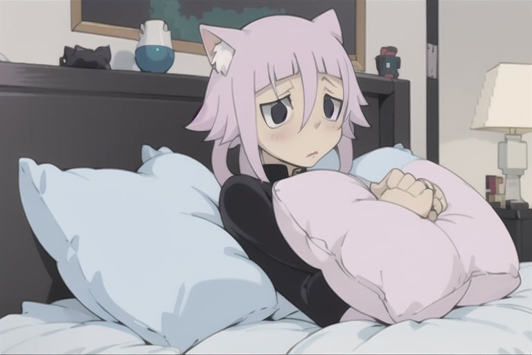 crona_soul_eater,pink hair,black eyes,Pixel art,blushing,cat_ears,cat_tail,full_body,pillow,Pixel world