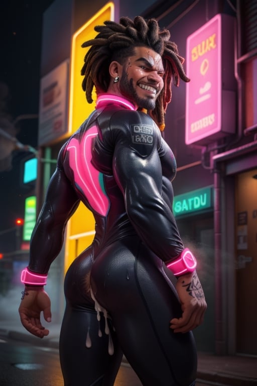 (((male only)))), (((natural body hair))), 4k definition, HD resolution, highly detailed, realistic lighting, dynamic poses, (((rugged african, skinny guy))), ((detailed eyes)), (hairy chest), (((neon cybersuit))), (hi-tech future jungle), ((black skin, pink dreadlocks)), (((tattoos, piercings))), ((panting, sweating and steaming)), ((angry grin)), ((fucking)), penis dripping cum, male anus, from behind, spread butcheeks,projectile cum
