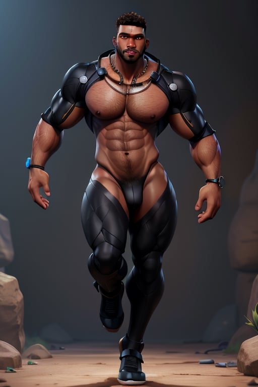 (((male only)))), (((natural body hair))), 4k definition, HD resolution, highly detailed, realistic lighting, dynamic poses, (((black skin african twink))), ((detailed eyes)), (hairy chest), running fast, ((massive bulge)), (((hi-tech fantasy clothes))), sexy pose, handsome face