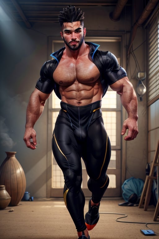 (((male only)))), (((natural body hair))), 4k definition, HD resolution, highly detailed, realistic lighting, dynamic poses, (((black skin african twink))), ((detailed eyes)), (hairy chest), running fast, ((massive bulge)), (((hi-tech fantasy clothes))), sexy pose, handsome face