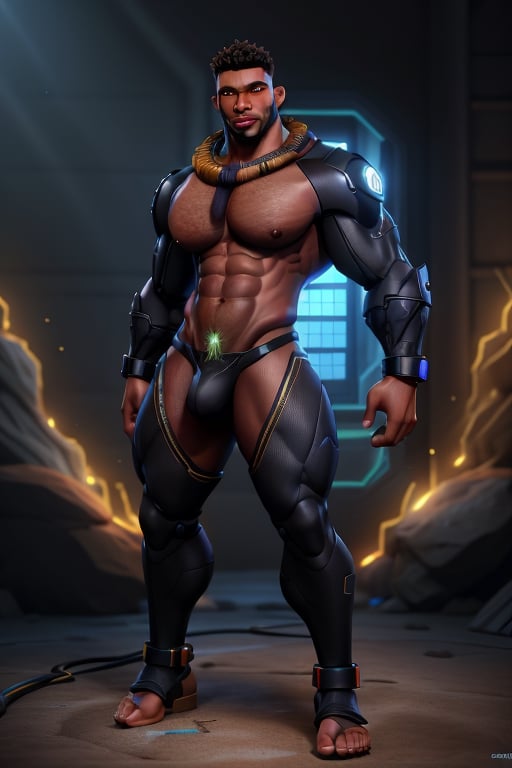 (((male only)))), (((natural body hair))), 4k definition, HD resolution, highly detailed, realistic lighting, dynamic poses, (((black skin african twink))), ((detailed eyes)), (hairy chest),  ((massive bulge)), (((hi-tech fantasy clothes))), sexy pose, handsome face