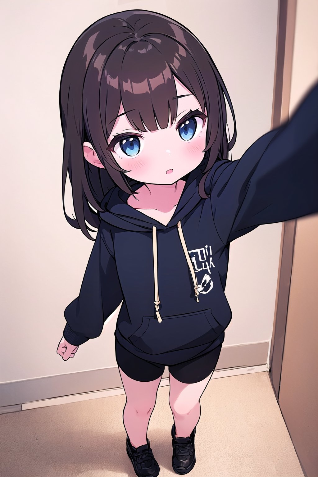 chibi, 1girl, straight selfie, dark brown hair, dark blue eyes, long dark brown hair, wearing all black drawstring hoodie, black shorts