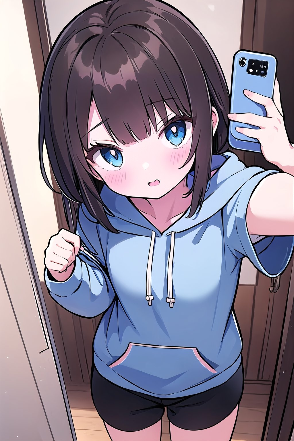 chibi, 1girl, straight selfie, dark brown hair, dark blue eyes, long dark brown hair, wearing all black drawstring hoodie, black shorts