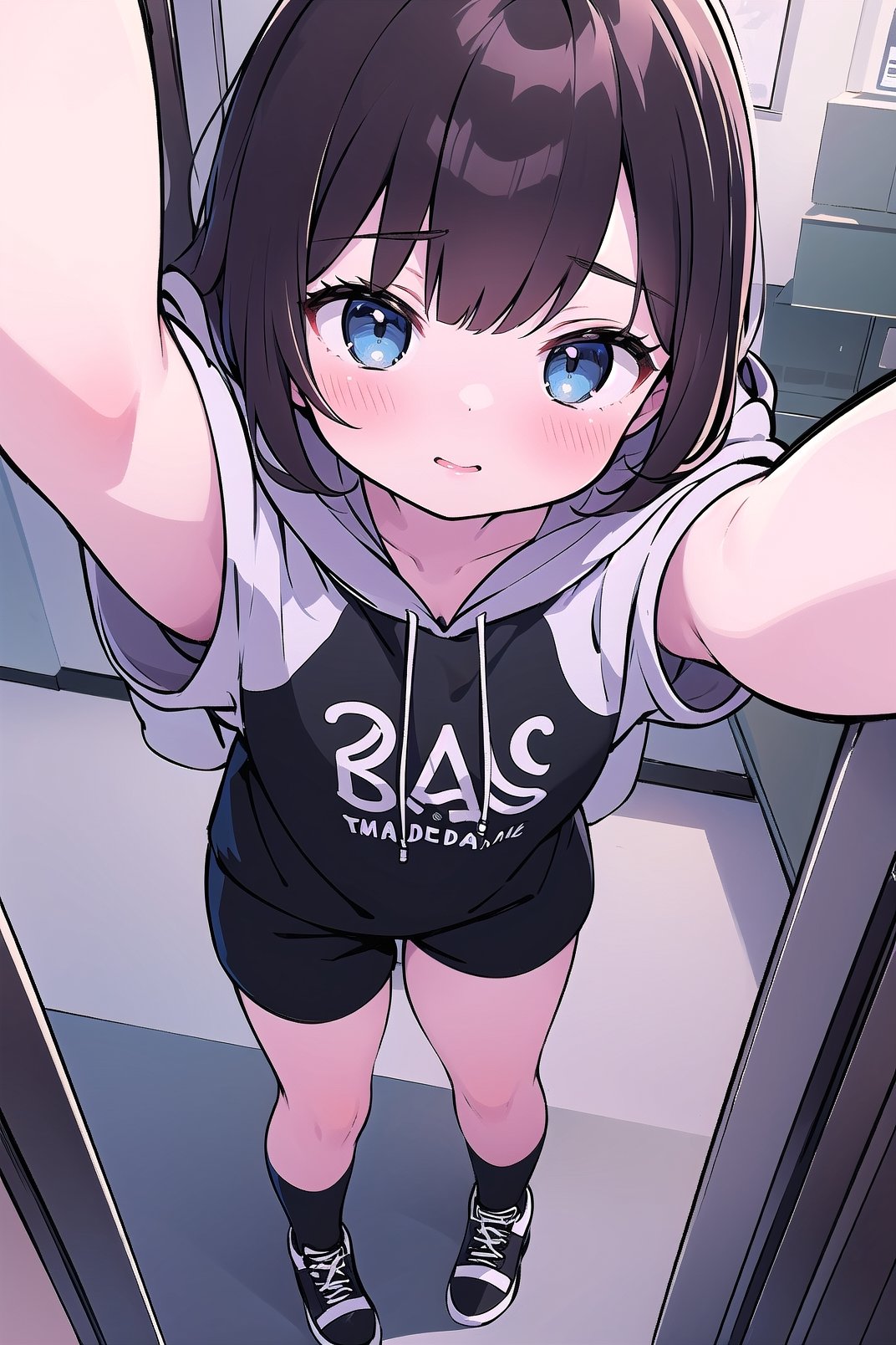 chibi, 1girl, selfie from above, dark brown hair, dark blue eyes, long dark brown hair, wearing all black drawstring hoodie, black shorts