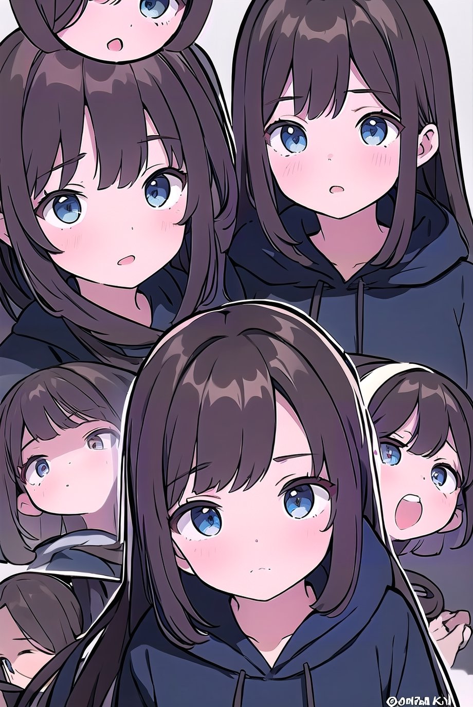 hd, HDR, UHD, 4k, 2k, 6k, 8k, ultra HD, high graphics, best graphics, highest quality, best quality, ultra quality, stunning details, adult, 1girl, dark brown hair, long hair, bushy hair, dark blue eyes, long dark brown hair, wearing all black drawstring hoodie, bushy hair,