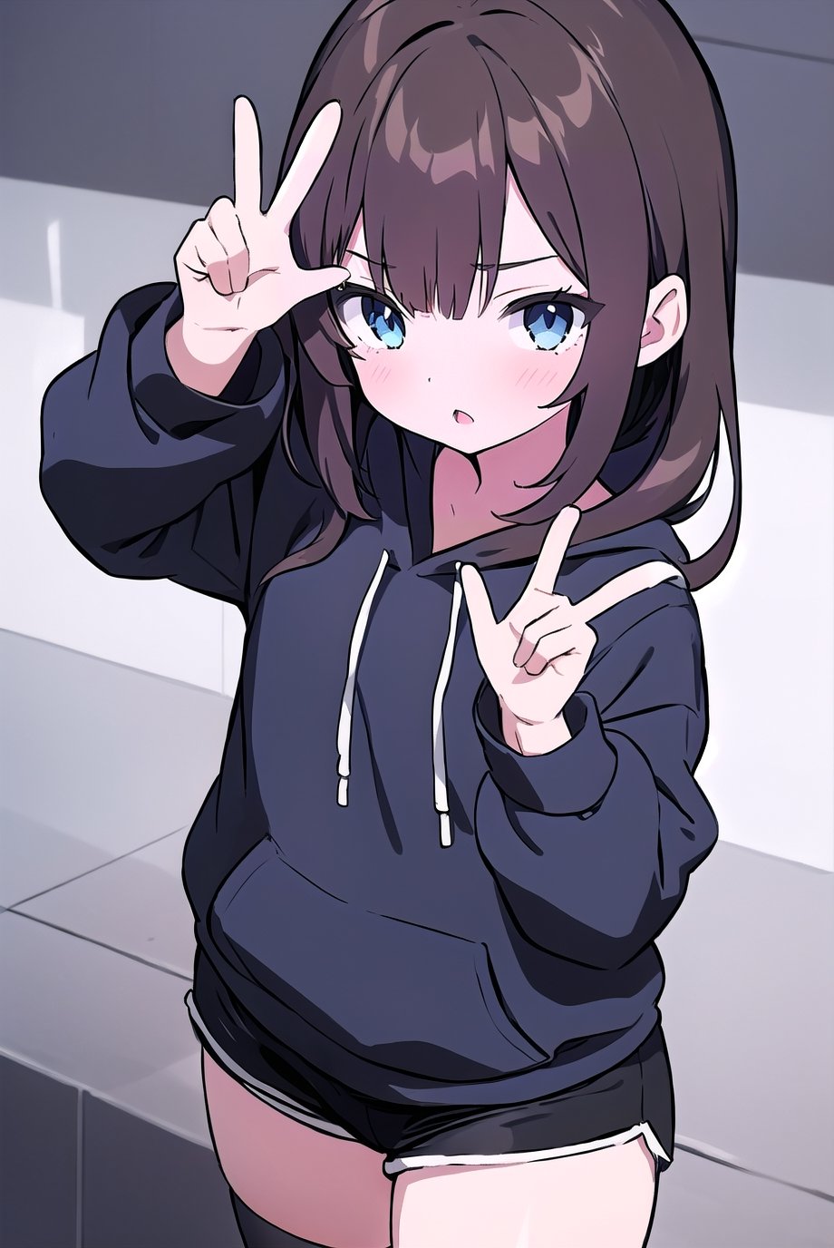 adult, 1girl, dark brown hair, long hair, bushy hair, dark blue eyes, long dark brown hair, wearing all black drawstring hoodie, black shorts, peace sign, peace pose, peace, dramatic shot, dramatic angle, 