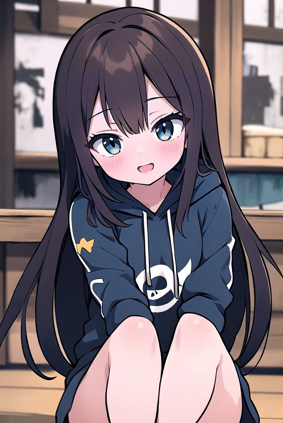 hd, HDR, UHD, 4k, 2k, 6k, 8k, ultra HD, high graphics, best graphics, highest quality, best quality, ultra quality, stunning details, adult, 1girl, dark brown hair, long hair, bushy hair, dark blue eyes, long dark brown hair, black drawstring hoodie, long_hair, longhair, bushy hair, black_hoodie, peacesign, peace sign, peace_sign, wink, winking