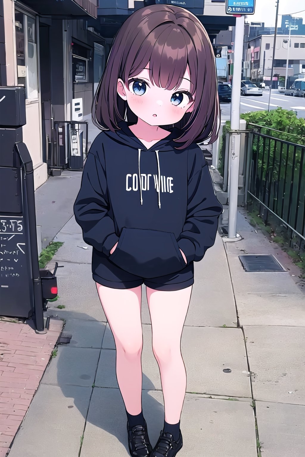 chibi, 1girl, straight selfie, dark brown hair, dark blue eyes, long dark brown hair, wearing all black drawstring hoodie, black shorts, city sidewalk,coverl