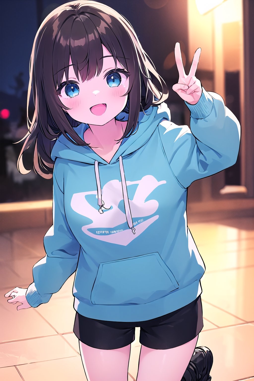 High quality, 4k, 6k, 8k, HDR, HD, highest quality, UHD, 1girl, straight shot, dark blue eyes, super super long dark brown hair, wearing all black drawstring hoodie, black shorts, cute, double peace sign, super happy expression, smiling, having fun, cute pose, feminine