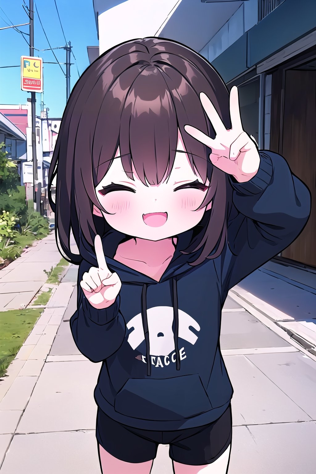 chibi, 1girl, straight selfie, dark brown hair, dark blue eyes, long dark brown hair, wearing all black drawstring hoodie, black shorts, double peace sign, fully closed eyes, super happy expression, city sidewalk