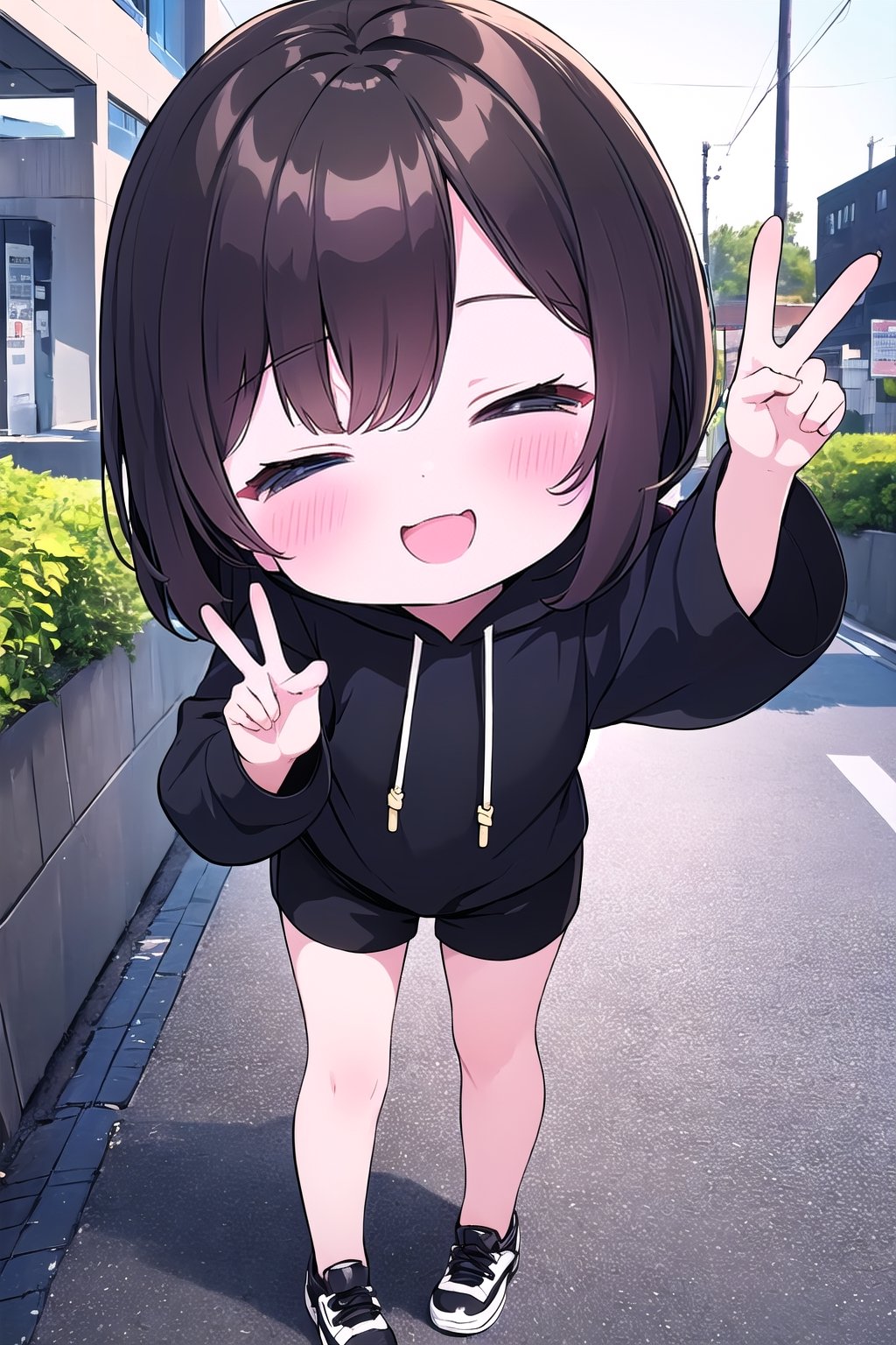 chibi, 1girl, straight selfie, dark brown hair, dark blue eyes, long dark brown hair, wearing all black drawstring hoodie, black shorts, double peace sign, fully closed eyes, super happy expression, city sidewalk