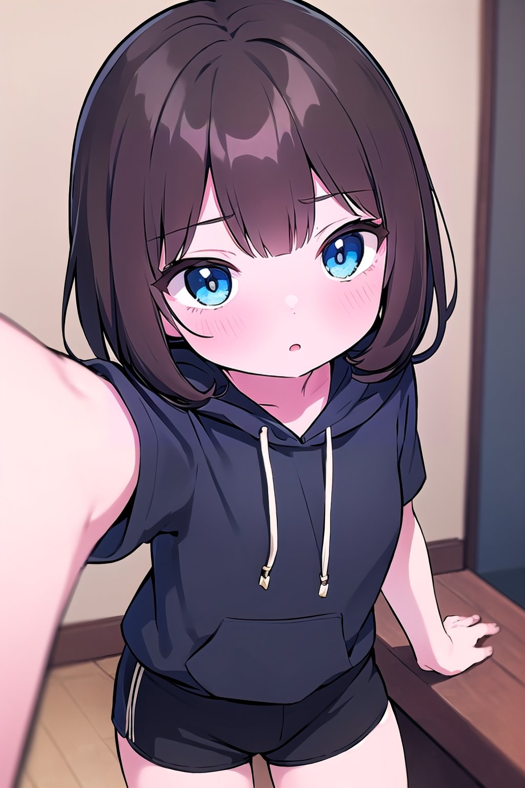 chibi, 1girl, straight selfie, dark brown hair, dark blue eyes, long dark brown hair, wearing all black drawstring hoodie, black shorts