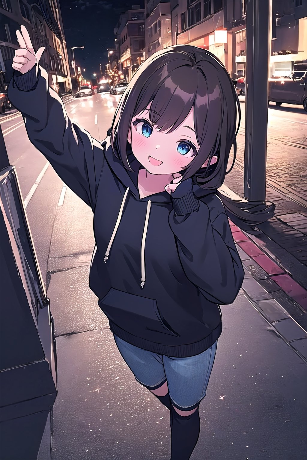 High quality, black night, night, night time, city, city streets, city lighting, under city streets light, city sidewalk, sidewalk, dramatic lighting, romantic lighting, 4k, 6k, 8k, HDR, HD, highest quality, UHD, 1girl, looking up, dark blue eyes, extra long dark brown hair, wearing all black drawstring hoodie, black shorts, cute, super happy expression, smiling, having fun, cute pose