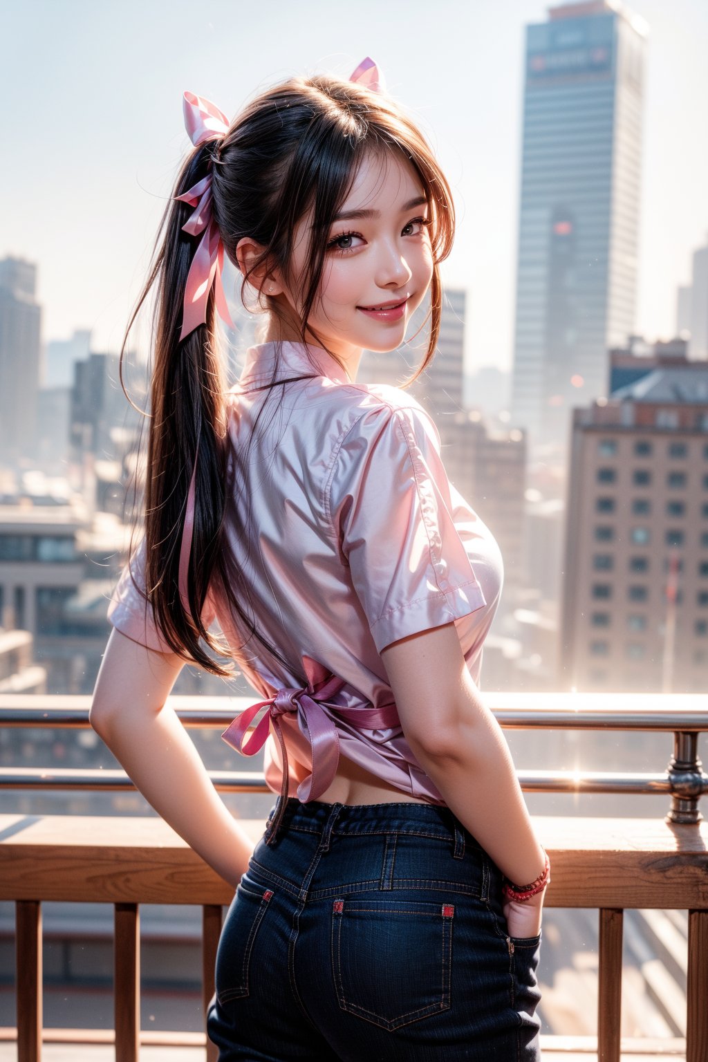 One girl, Simple background, Double exposure of cityscape in rectangle background, Solo, Long hair, Looking at viewer, Blushing, ((Smile: 1.3)), Bangs, Shirt, Ribbon, Twin tails, Mouth closed, Standing, Purple eyes, Hair ribbon, White shirt, Purple hair, Braids, Short sleeves, Cowboy shot, Looking back, Pants, From behind, Twin braids, Building, Pink ribbon, City, Hands in pockets, Cityscape.