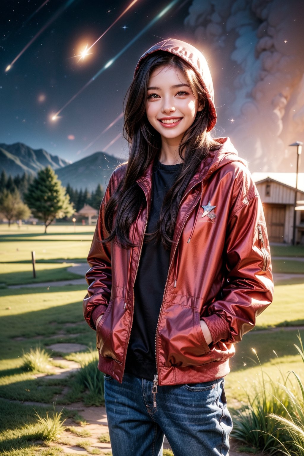 1girl, solo, long hair, looking at viewer, smile, brown hair, black hair, standing, jacket, outdoors, sky, teeth, hood, grin, hoodie, night, hood down, grass, star \(sky\), night sky, starry sky, realistic, hands in pockets, shooting star, red hoodie