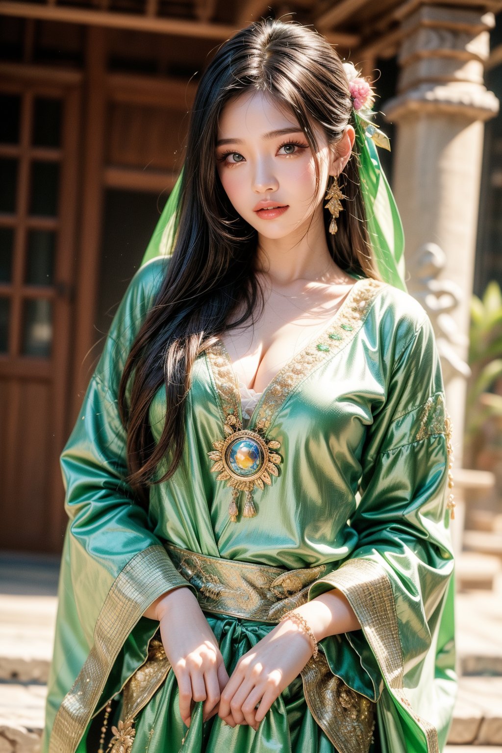  a girl of Taiwanese aboriginal descent, beautiful colorful glazed color, big green bright eyes, perfect beauty, wearing a beautiful Taiwanese traditional Atayal princess costume, Kitsch maximalist fashion style. The linen weaved by oneself is used as clothing material, and the linen made entirely of ramie is called Malatsa. The composition of Atayal men's and women's clothing: Atayal traditional clothing combines the forms of sewn and draped clothing, and is very colorful. full of happiness, whole body.