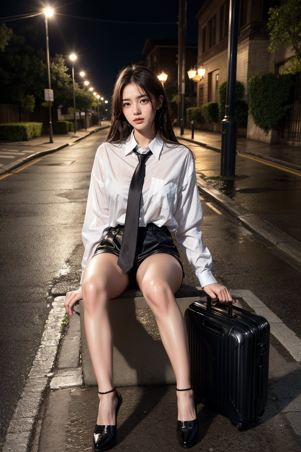 1girl, solo, long hair, breasts, looking at viewer, brown hair, shirt, black hair, long sleeves, brown eyes, sitting, underwear, full body, white shirt, outdoors, parted lips, necktie, shoes, shorts, collared shirt, black footwear, blurry, high heels, lips, wet, legs, short shorts, bare legs, night, arm support, wet clothes, black necktie, white shorts, realistic, nose, road, wet shirt, wet hair, lamppost, street