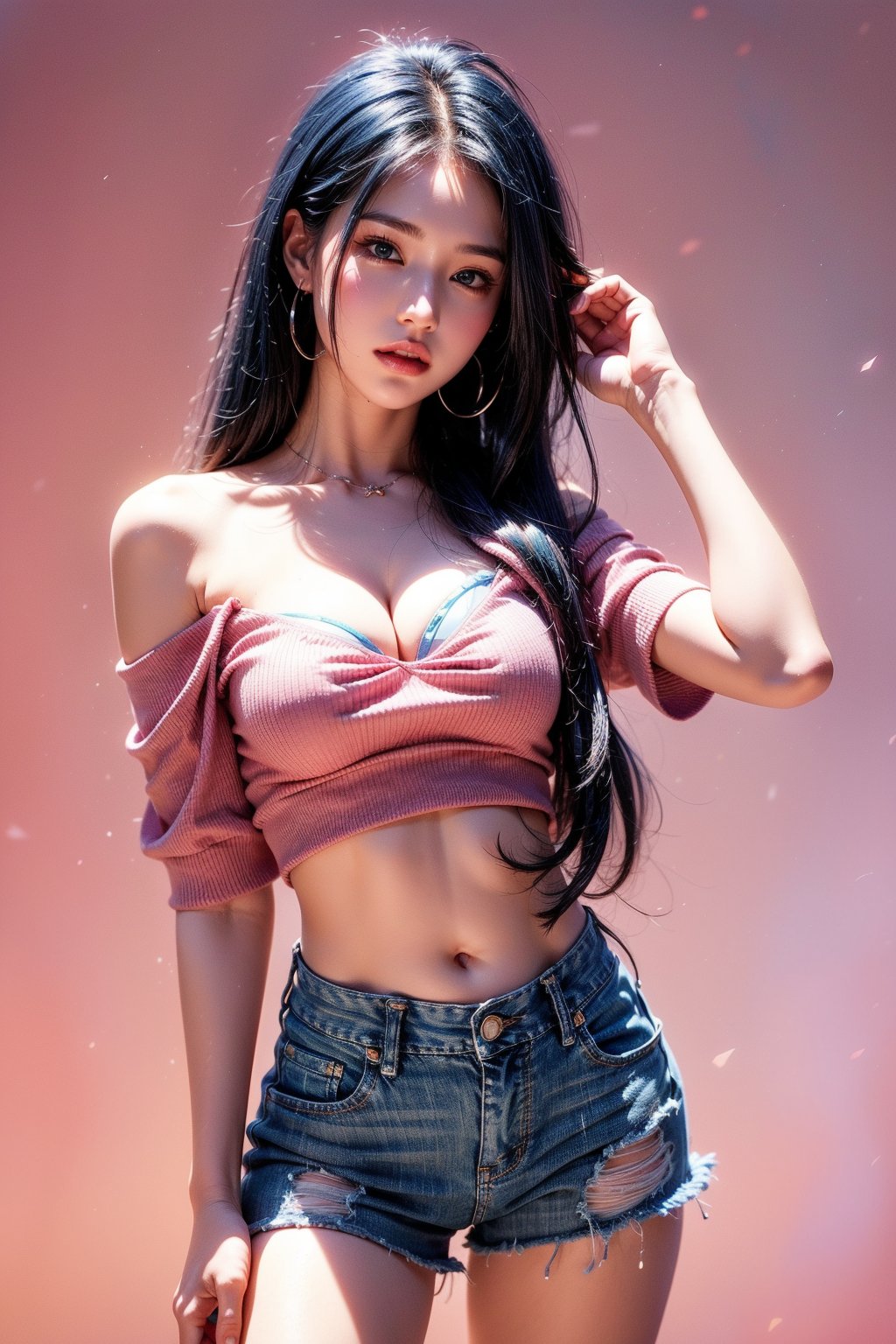 1girl, solo, long hair, breasts, looking at viewer, blush, bangs, shirt, black hair, navel, bare shoulders, medium breasts, blue hair, standing, purple eyes, collarbone, short sleeves, sidelocks, thighs, multicolored hair, cowboy shot, parted lips, shorts, midriff, hand up, off shoulder, stomach, two-tone hair, crop top, short shorts, black shorts, pink background, blue shirt, denim, blue shorts, denim shorts, colored inner hair, off-shoulder shirt, crop top overhang, micro shorts, bra strap, professional style, pretty detailed, very beautiful girl, elegant woman, masterpiece quality.,anime style