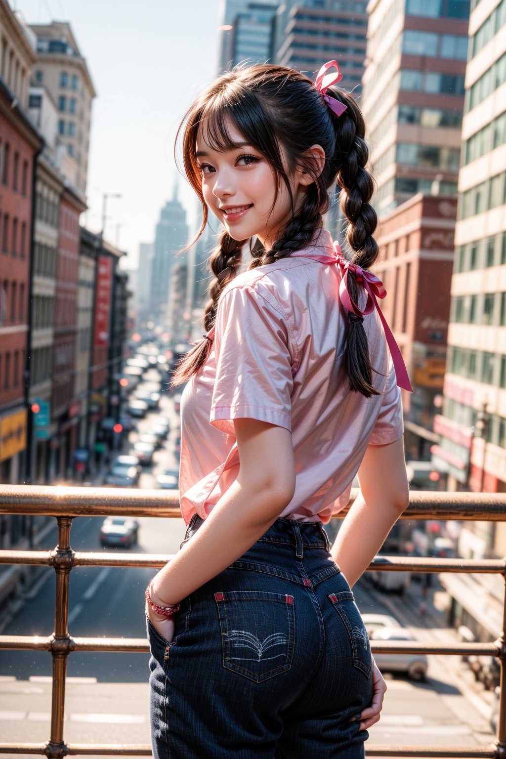 One girl, Simple background, Double exposure of cityscape in rectangle background, Solo, Long hair, Looking at viewer, Blushing, ((Smile: 1.3)), Bangs, Shirt, Ribbon, Twin tails, Mouth closed, Standing, Purple eyes, Hair ribbon, White shirt, Purple hair, Braids, Short sleeves, Cowboy shot, Looking back, Pants, From behind, Twin braids, Building, Pink ribbon, City, Hands in pockets, Cityscape.