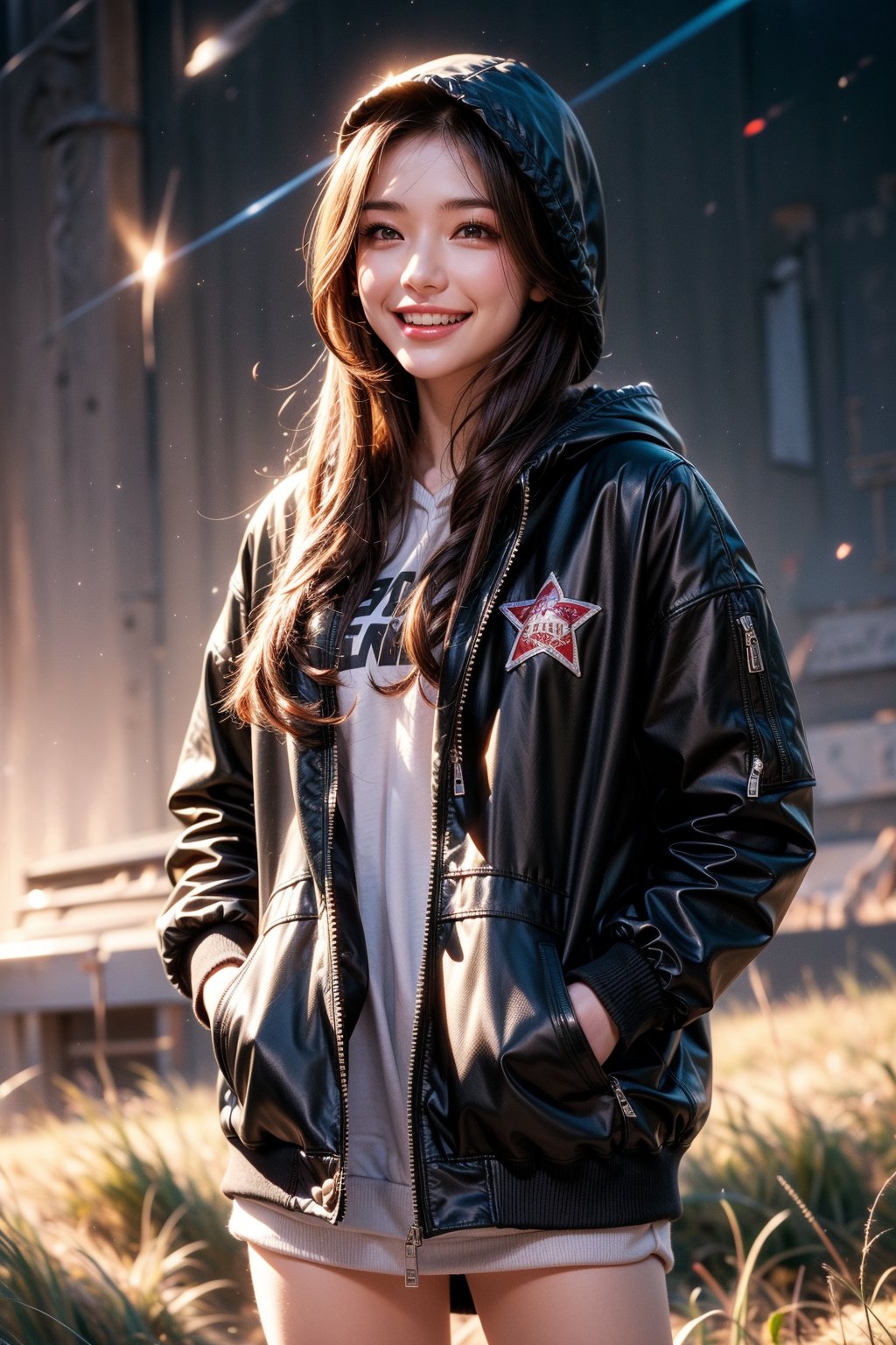 1girl, solo, long hair, looking at viewer, smile, brown hair, black hair, standing, jacket, outdoors, sky, teeth, hood, grin, hoodie, night, hood down, grass, star \(sky\), night sky, starry sky, realistic, hands in pockets, shooting star, red hoodie