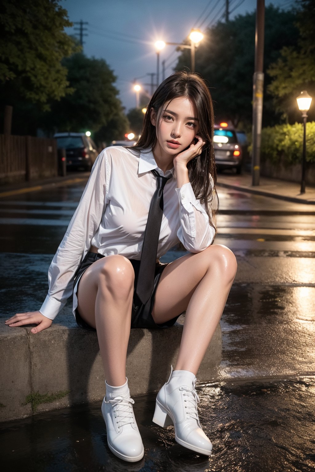 1girl, solo, long hair, breasts, looking at viewer, brown hair, shirt, black hair, long sleeves, brown eyes, sitting, underwear, full body, white shirt, outdoors, parted lips, necktie, shoes, shorts, collared shirt, black footwear, blurry, high heels, lips, wet, legs, short shorts, bare legs, night, arm support, wet clothes, black necktie, white shorts, realistic, nose, road, wet shirt, wet hair, lamppost, street