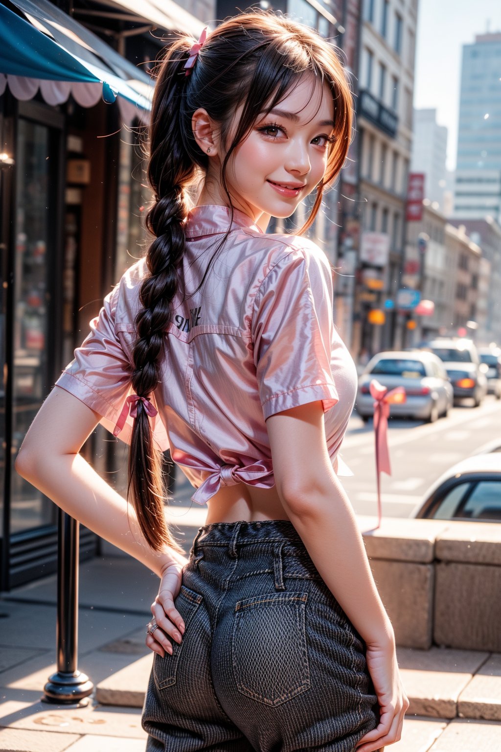 One girl, Simple background, Double exposure of cityscape in rectangle background, Solo, Long hair, Looking at viewer, Blushing, ((Smile: 1.3)), Bangs, Shirt, Ribbon, Twin tails, Mouth closed, Standing, Purple eyes, Hair ribbon, White shirt, Purple hair, Braids, Short sleeves, Cowboy shot, Looking back, Pants, From behind, Twin braids, Building, Pink ribbon, City, Hands in pockets, Cityscape.