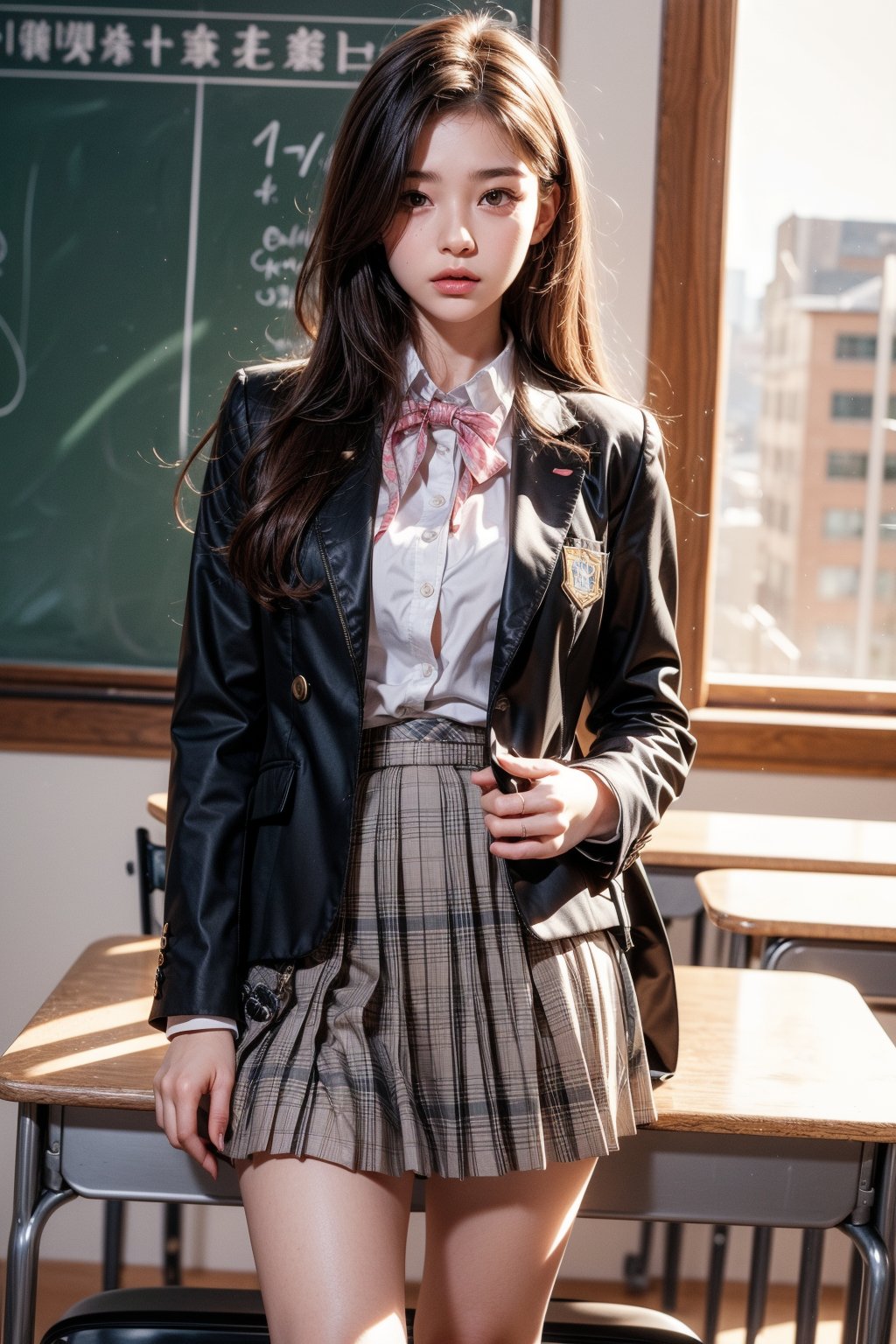 1girl, solo, long hair, looking at viewer, skirt, brown hair, shirt, long sleeves, school uniform, standing, jacket, white shirt, pleated skirt, open clothes, socks, collared shirt, indoors, open jacket, lips, black jacket, parted bangs, plaid, window, chair, blazer, desk, grey skirt, realistic, classroom, school desk, school chair