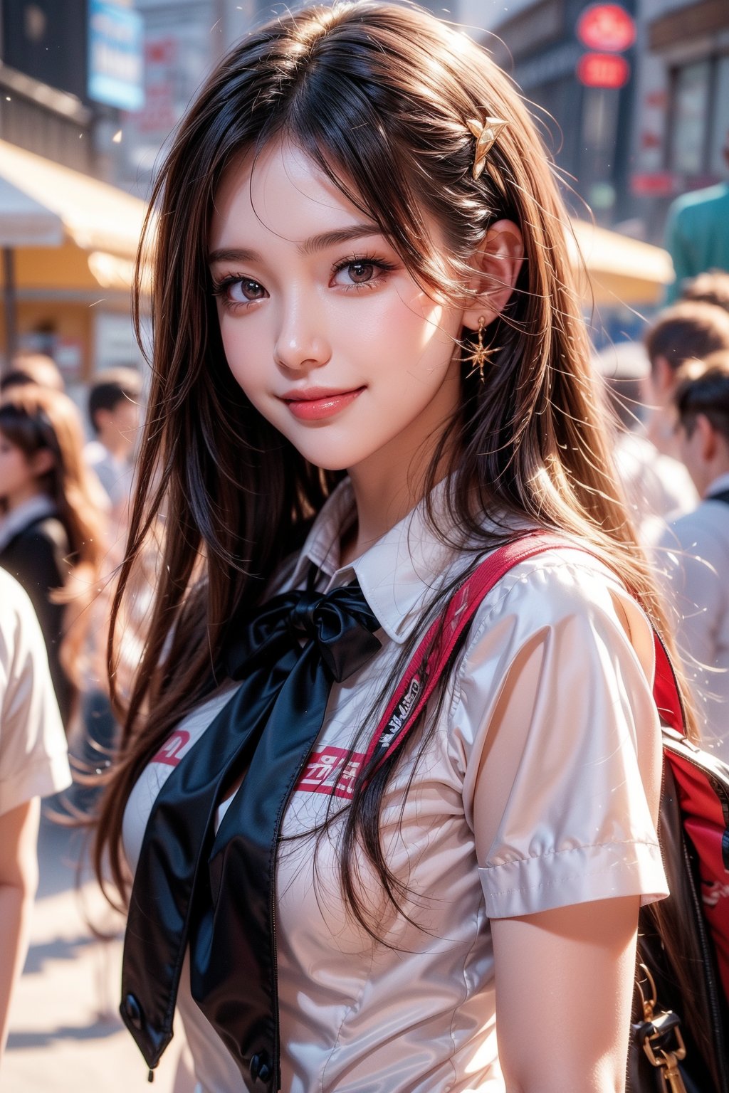 Very beautiful girl walking in city, long hair, golden hairpin, beauty, schoolgirl uniform, closed mouth, beautiful body, smiling, masterpiece, stunning image, illustration, upper body, detailed, UHD, beautiful detailed eyes, beautiful detailed, Warmly smile.,anime style