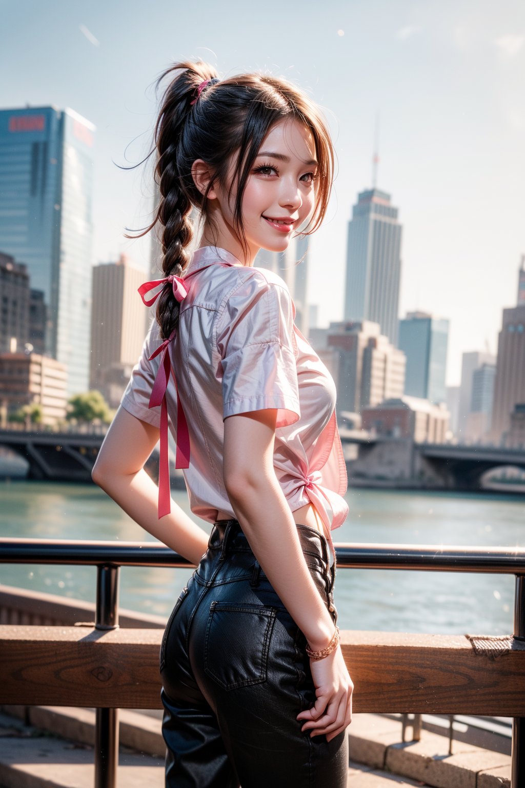 One girl, Simple background, Double exposure of cityscape in rectangle background, Solo, Long hair, Looking at viewer, Blushing, ((Smile: 1.3)), Bangs, Shirt, Ribbon, Twin tails, Mouth closed, Standing, Purple eyes, Hair ribbon, White shirt, Purple hair, Braids, Short sleeves, Cowboy shot, Looking back, Pants, From behind, Twin braids, Building, Pink ribbon, City, Hands in pockets, Cityscape.