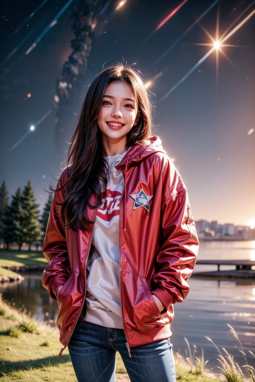 1girl, solo, long hair, looking at viewer, smile, brown hair, black hair, standing, jacket, outdoors, sky, teeth, hood, grin, hoodie, night, hood down, grass, star \(sky\), night sky, starry sky, realistic, hands in pockets, shooting star, red hoodie