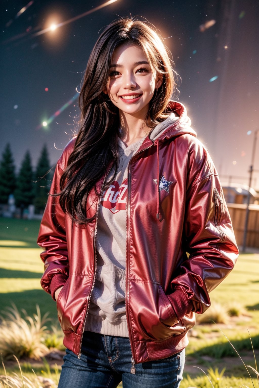 1girl, solo, long hair, looking at viewer, smile, brown hair, black hair, standing, jacket, outdoors, sky, teeth, hood, grin, hoodie, night, hood down, grass, star \(sky\), night sky, starry sky, realistic, hands in pockets, shooting star, red hoodie