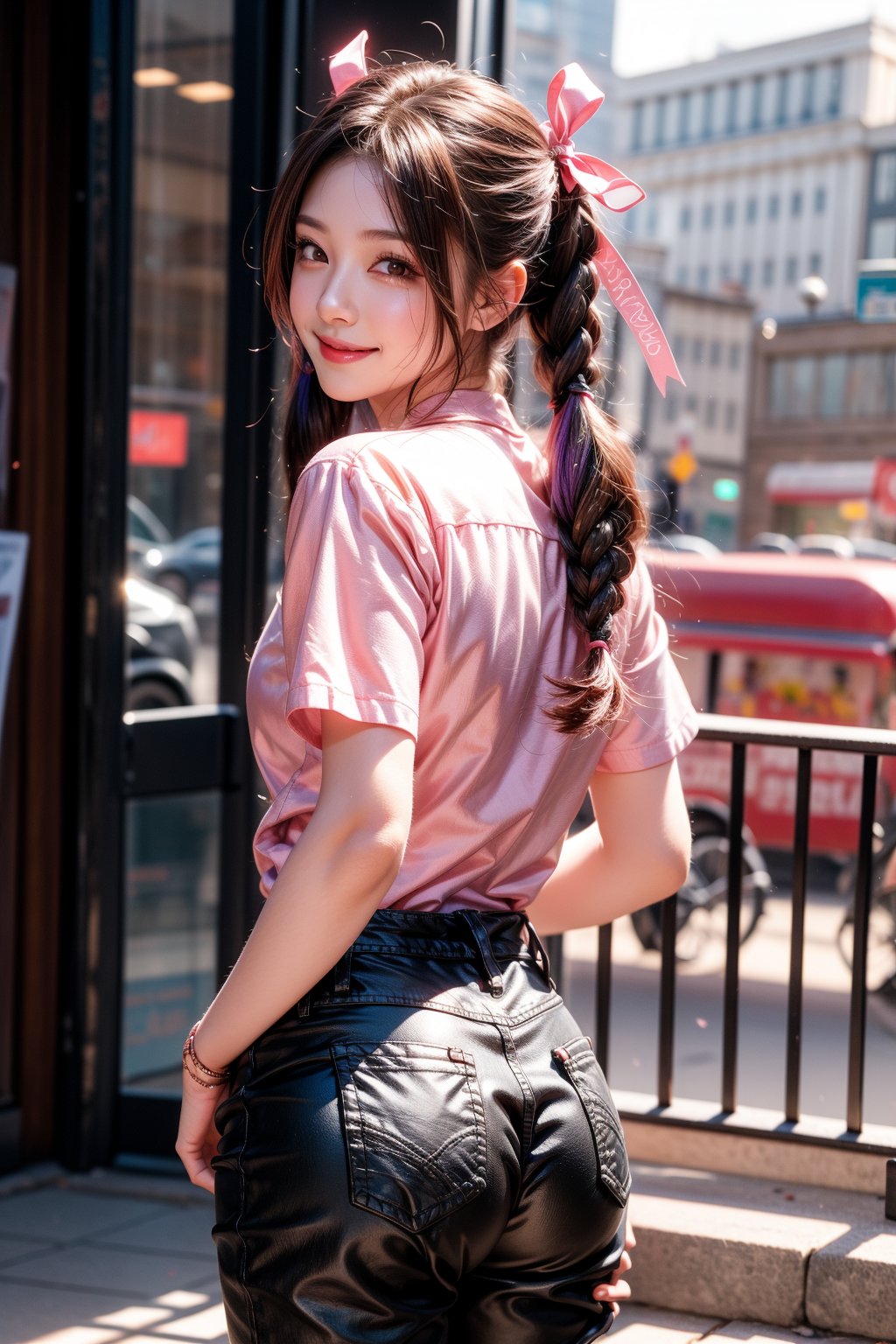 One girl, Simple background, Double exposure of cityscape in rectangle background, Solo, Long hair, Looking at viewer, Blushing, ((Smile: 1.3)), Bangs, Shirt, Ribbon, Twin tails, Mouth closed, Standing, Purple eyes, Hair ribbon, White shirt, Purple hair, Braids, Short sleeves, Cowboy shot, Looking back, Pants, From behind, Twin braids, Building, Pink ribbon, City, Hands in pockets, Cityscape.