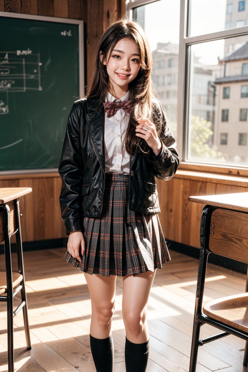 1girl, solo, long hair, looking at viewer smile, open mouth, skirt, brown hair, shirt, long sleeves, school uniform, standing, jacket, white shirt, pleated skirt, open clothes, socks, collared shirt, indoors, open jacket, lips, black jacket, parted bangs, plaid, window, chair, blazer, desk, grey skirt, realistic, classroom, school desk, school chair