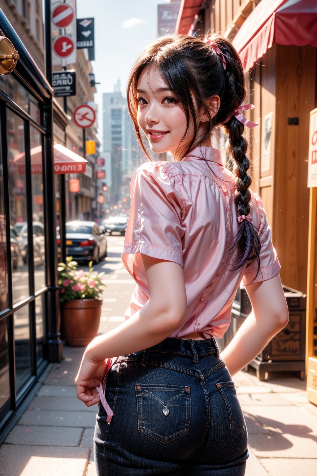 One girl, Simple background, Double exposure of cityscape in rectangle background, Solo, Long hair, Looking at viewer, Blushing, ((Smile: 1.3)), Bangs, Shirt, Ribbon, Twin tails, Mouth closed, Standing, Purple eyes, Hair ribbon, White shirt, Purple hair, Braids, Short sleeves, Cowboy shot, Looking back, Pants, From behind, Twin braids, Building, Pink ribbon, City, Hands in pockets, Cityscape.