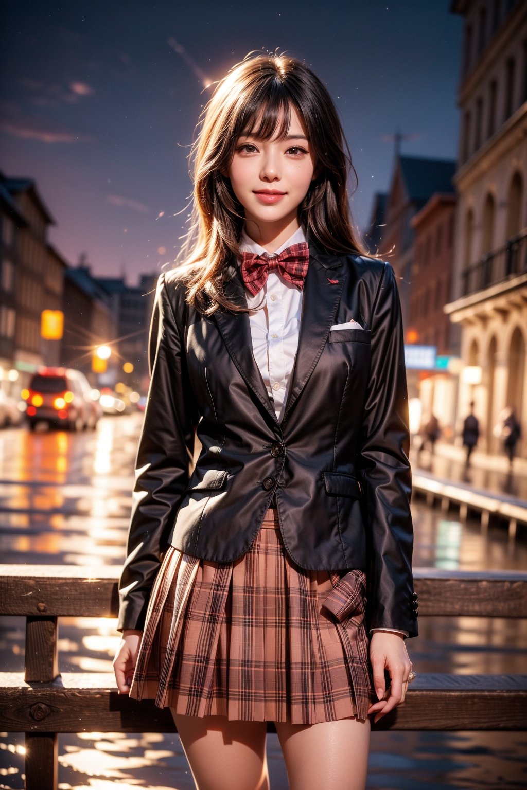 1girl, solo, looking at the audience, smiling, lips, shut up, long hair, brown hair, bangs, shirt, collared shirt, white shirt, long sleeves, bow tie, bow tie, red bow tie, red bow tie, plaid bow, school uniform, blazer, plaid, skirt, pleated skirt, plaid skirt, standing, outdoor, sky, water, blur, night, night sky, realistic, railing.