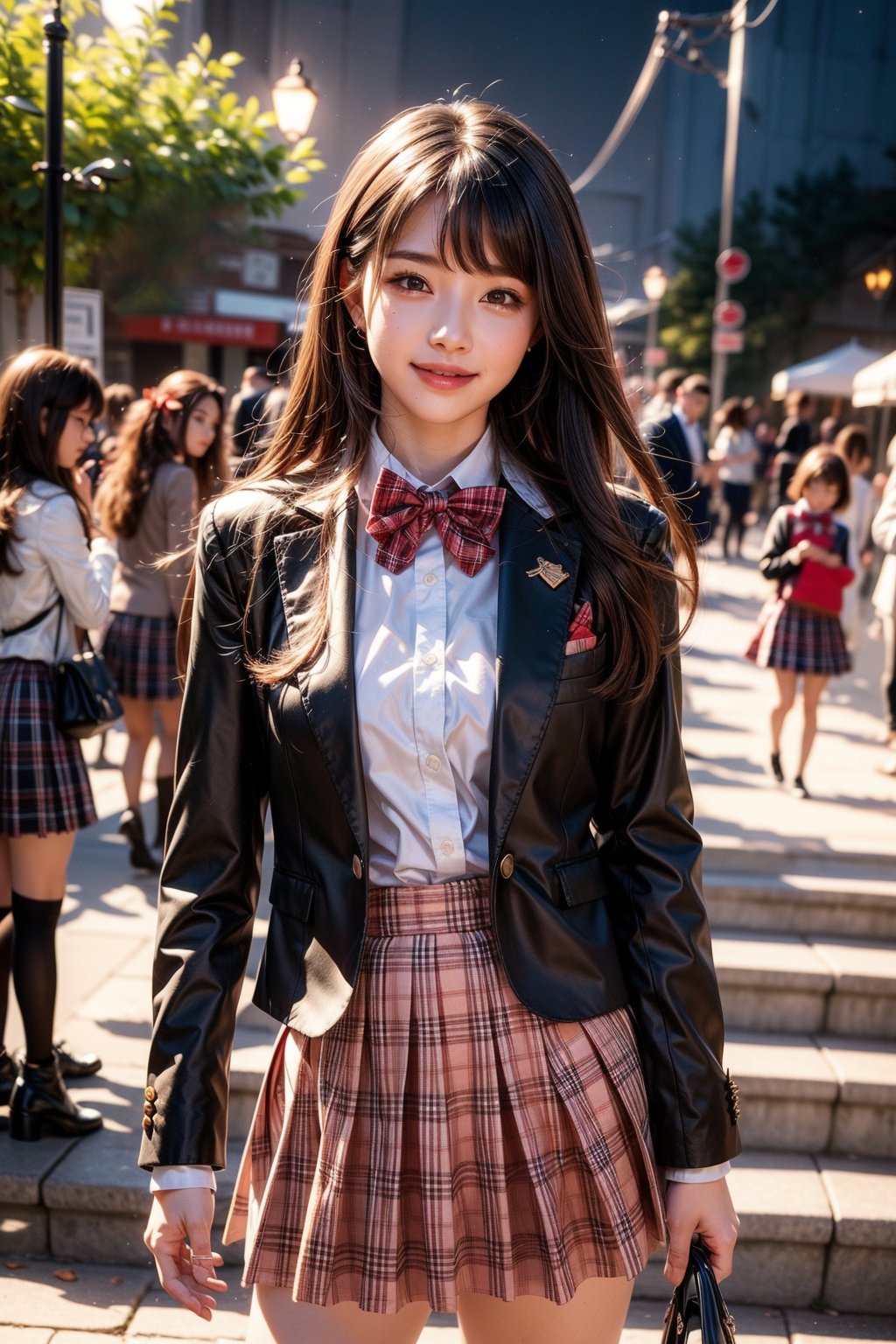 1girl, solo, looking at the audience, smiling, lips, shut up, long hair, brown hair, bangs, shirt, collared shirt, white shirt, long sleeves, bow tie, bow tie, red bow tie, red bow tie, plaid bow, school uniform, blazer, plaid, skirt, pleated skirt, plaid skirt, standing, outdoor, sky, water, blur, night, night sky, realistic.