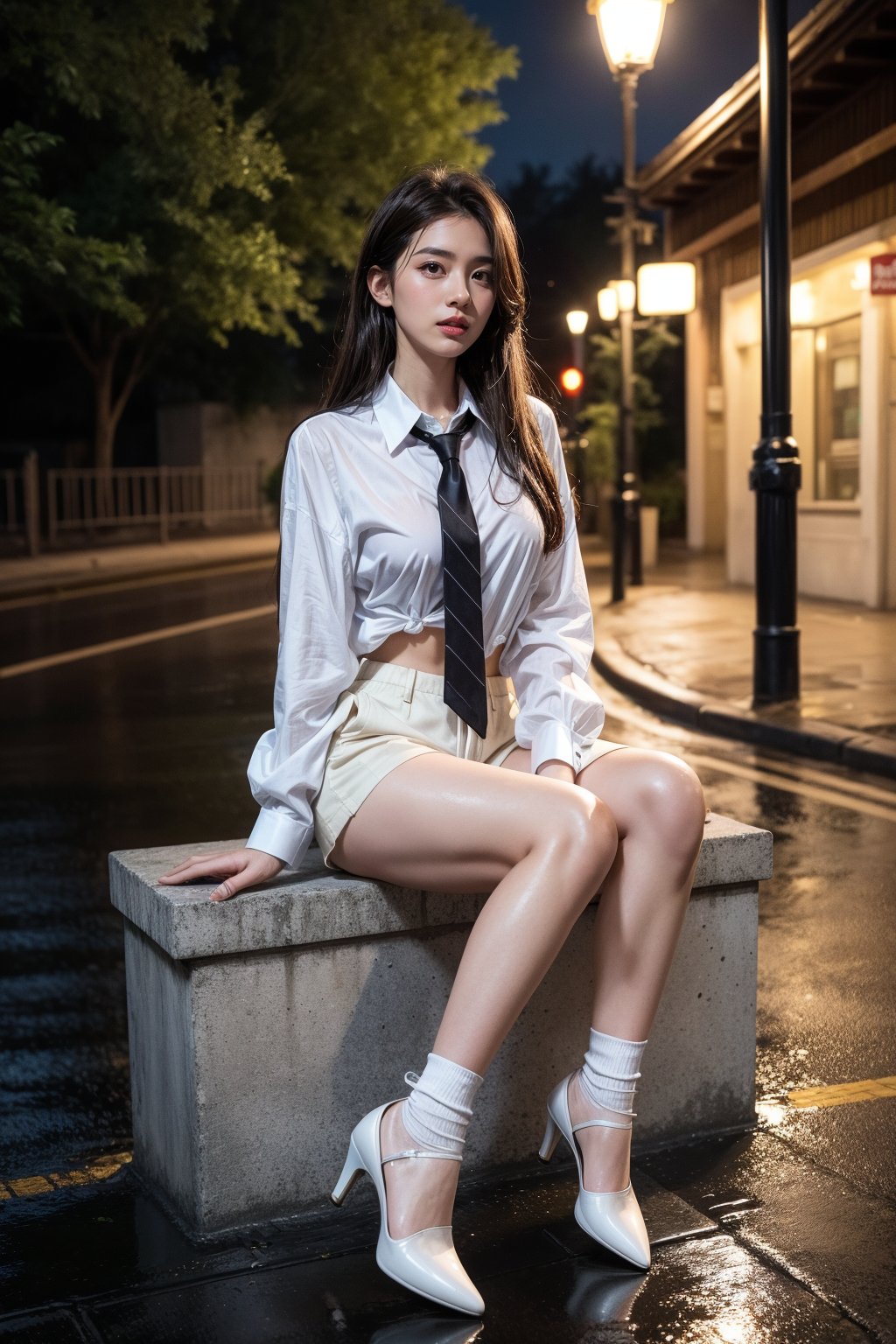 1girl, solo, long hair, breasts, looking at viewer, brown hair, shirt, black hair, long sleeves, brown eyes, sitting, underwear, full body, white shirt, outdoors, parted lips, necktie, shoes, shorts, collared shirt, black footwear, blurry, high heels, lips, wet, legs, short shorts, bare legs, night, arm support, wet clothes, black necktie, white shorts, realistic, nose, road, wet shirt, wet hair, lamppost, street