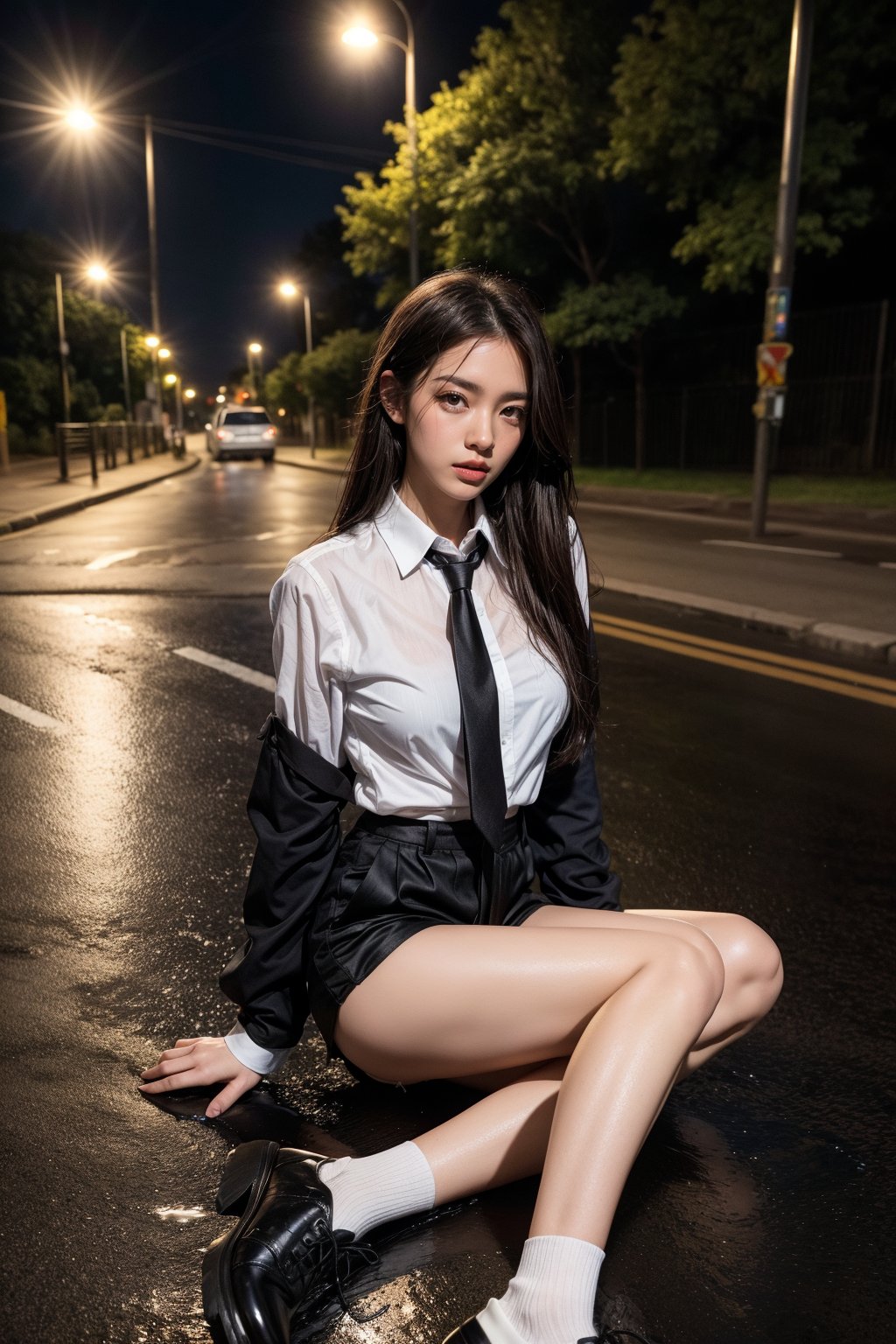 1girl, solo, long hair, breasts, looking at viewer, brown hair, shirt, black hair, long sleeves, brown eyes, sitting, underwear, full body, white shirt, outdoors, parted lips, necktie, shoes, shorts, collared shirt, black footwear, blurry, high heels, lips, wet, legs, short shorts, bare legs, night, arm support, wet clothes, black necktie, white shorts, realistic, nose, road, wet shirt, wet hair, lamppost, street