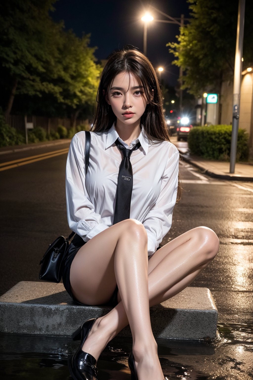 1girl, solo, long hair, breasts, looking at viewer, brown hair, shirt, black hair, long sleeves, brown eyes, sitting, underwear, full body, white shirt, outdoors, parted lips, necktie, shoes, shorts, collared shirt, black footwear, blurry, high heels, lips, wet, legs, short shorts, bare legs, night, arm support, wet clothes, black necktie, white shorts, realistic, nose, road, wet shirt, wet hair, lamppost, street,1 girl 