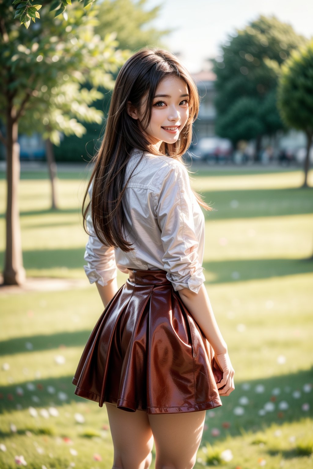 1girl, solo, long hair, looking at viewer, smile, skirt, brown hair, shirt, brown eyes, standing, white shirt, flower, outdoors, day, looking back, from behind, blurry, tree, red skirt, grass