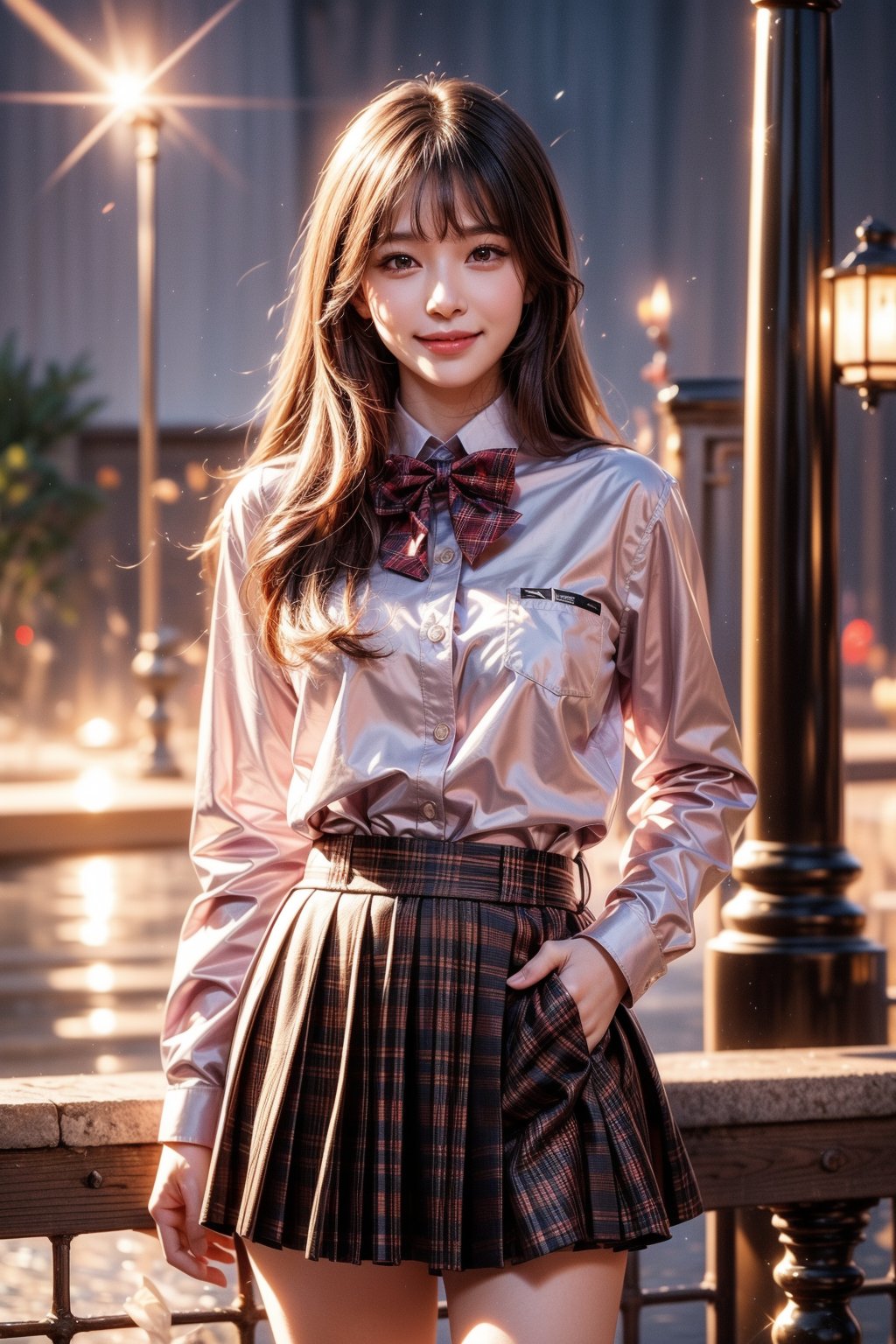 1girl, solo, looking at the audience, smiling, lips, shut up, long hair, brown hair, bangs, shirt, collared shirt, white shirt, long sleeves, bow tie, bow tie, red bow tie, red bow tie, plaid bow, school uniform, blazer, plaid, skirt, pleated skirt, plaid skirt, standing, outdoor, sky, water, blur, night, night sky, realistic.