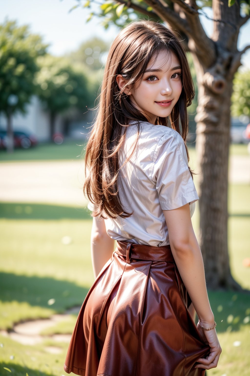 1girl, solo, long hair, looking at viewer, smile, skirt, brown hair, shirt, brown eyes, standing, white shirt, flower, outdoors, day, looking back, from behind, blurry, tree, red skirt, grass