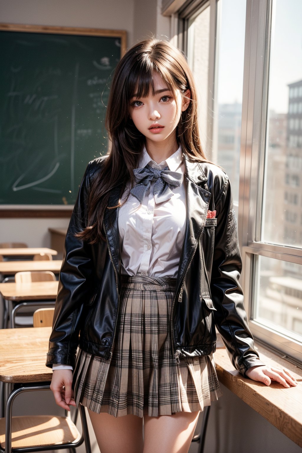 1girl, solo, long hair, looking at viewer, skirt, brown hair, shirt, long sleeves, school uniform, standing, jacket, white shirt, pleated skirt, open clothes, socks, collared shirt, indoors, open jacket, lips, black jacket, parted bangs, plaid, window, chair, blazer, desk, grey skirt, realistic, classroom, school desk, school chair