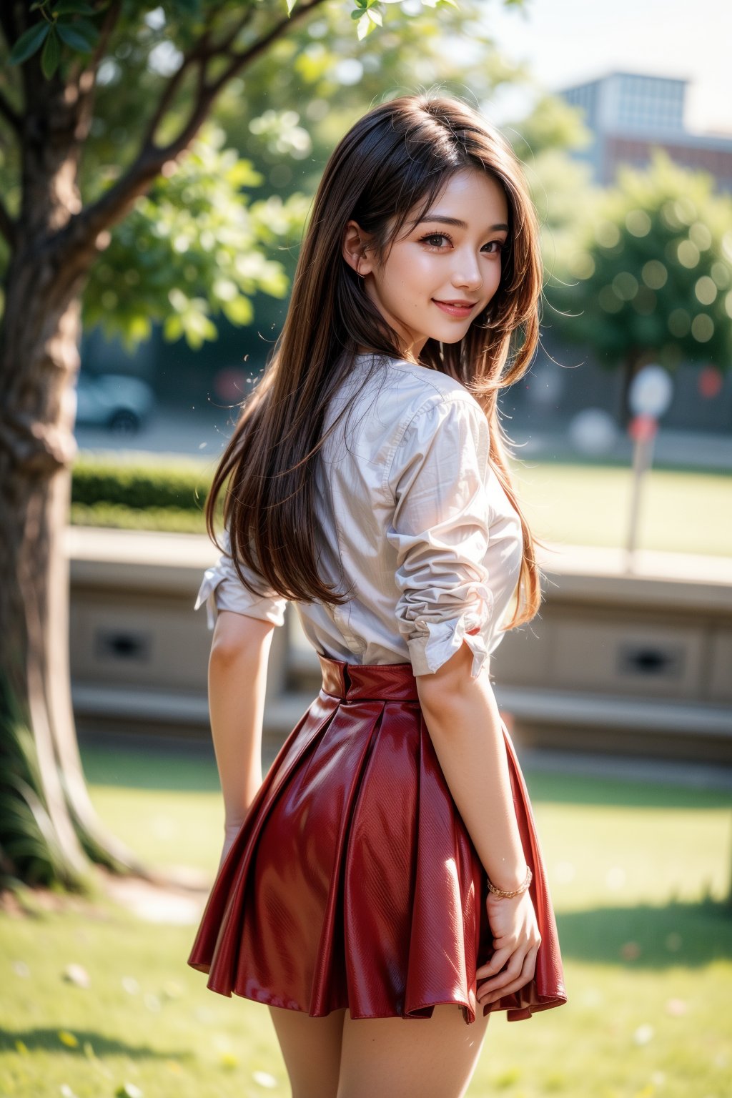 1girl, solo, long hair, looking at viewer, smile, skirt, brown hair, shirt, brown eyes, standing, white shirt, flower, outdoors, day, looking back, from behind, blurry, tree, red skirt, grass