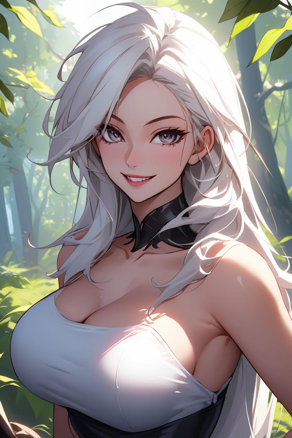 
Highly detailed.High Quality.Masterpiece. Beaitiful (mid close-up).

Young woman, 22 years old, light skin, medium height. Her hair is white, messy, waist-length and straight, with two strands sticking out of her head. He has big black eyes. Her clothes are basically like Black cat. She has huge breasts and a voluptuos figure. She is alone, but with a happy smile on her face in a forest full of life.